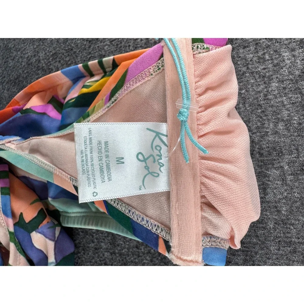 Kona Sol Tropical Floral Bandeau Bikini Set Blue Orange M Top L Bottoms